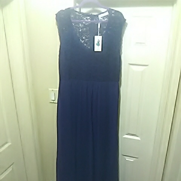 Chic Navy Blue Lace Maxi Dress - Picture 1 of 8